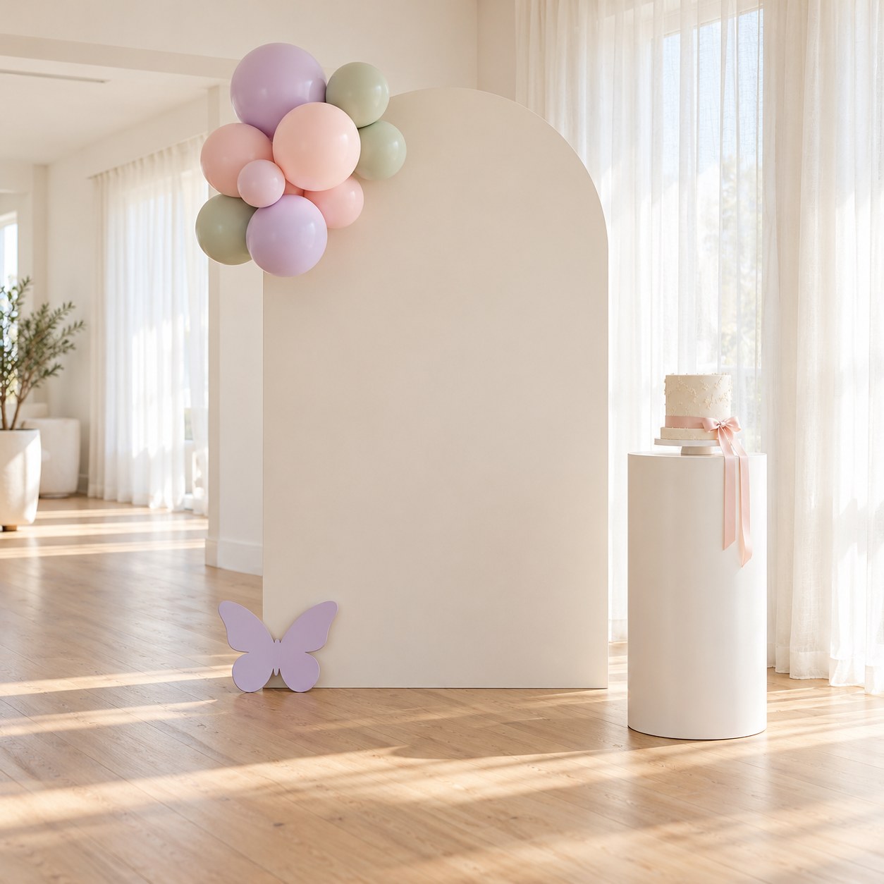Simple ivory party arch with pastel balloons, a lilac butterfly and white cake plinth